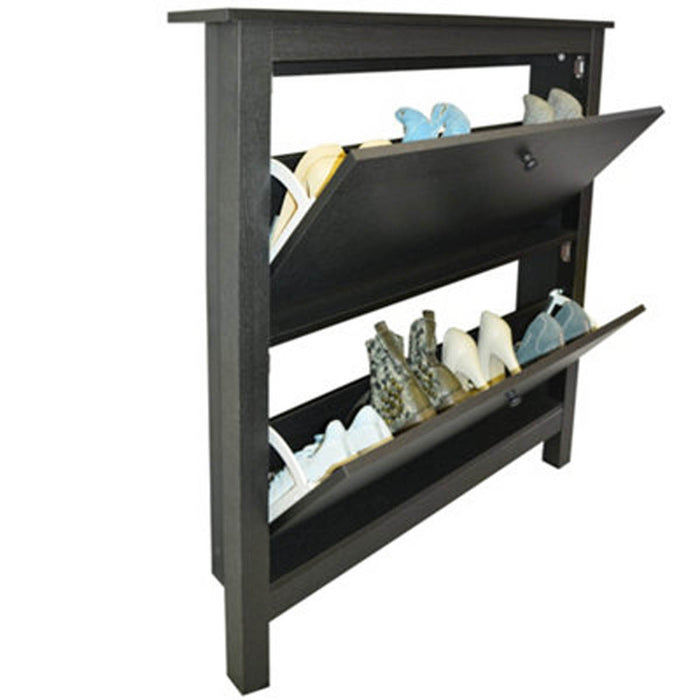 Shoe Storage Organiser Cabinet 8 Pair 2 Drawer Tipover Restraint Compact Black - Image 2