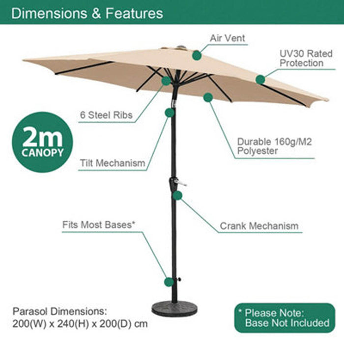 Outdoor Garden Parasol Umbrella Beige Tilt Crank Durable Adjustable Air Vent 2M - Image 2
