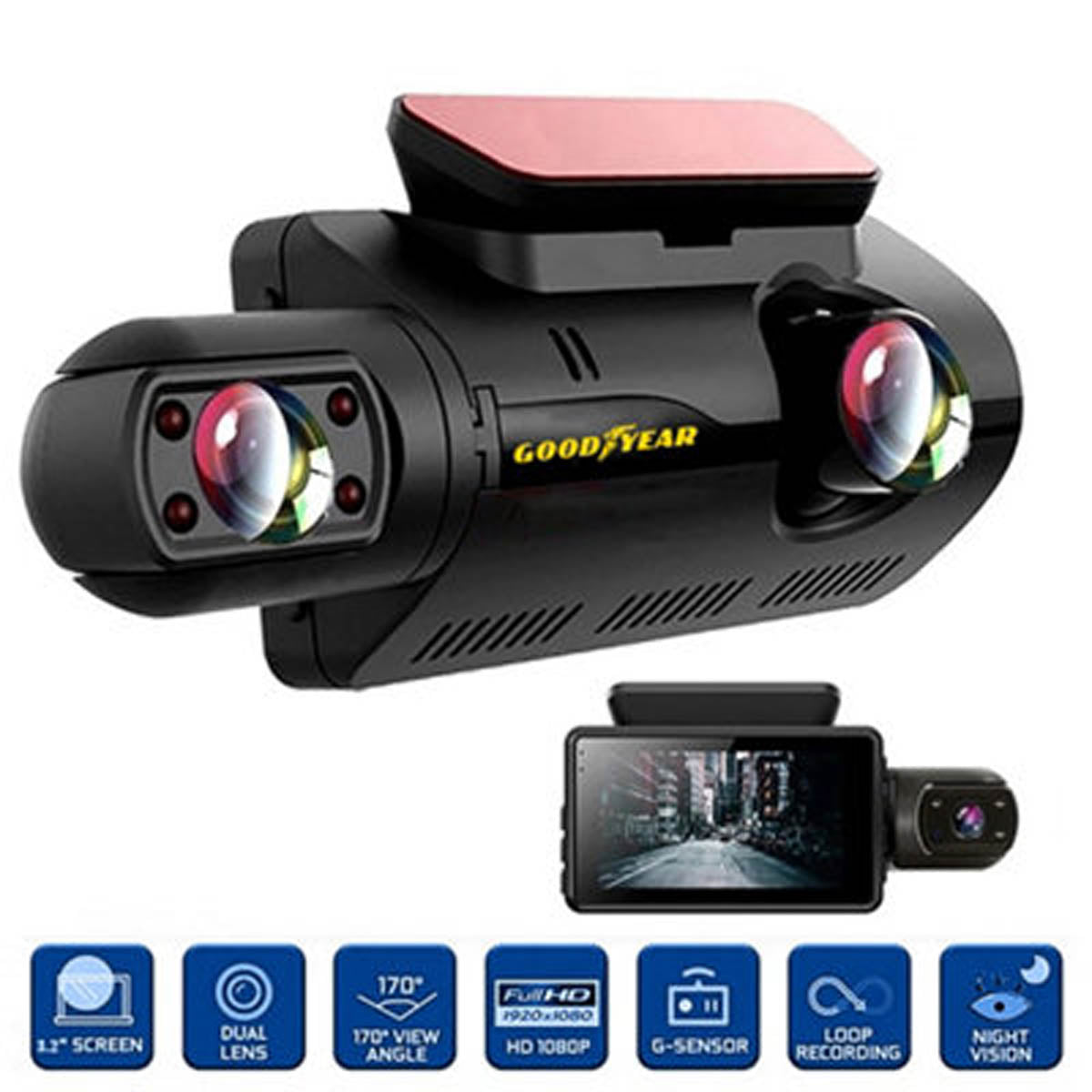 goodyear 1080p dual lens car dvr front and rear camera