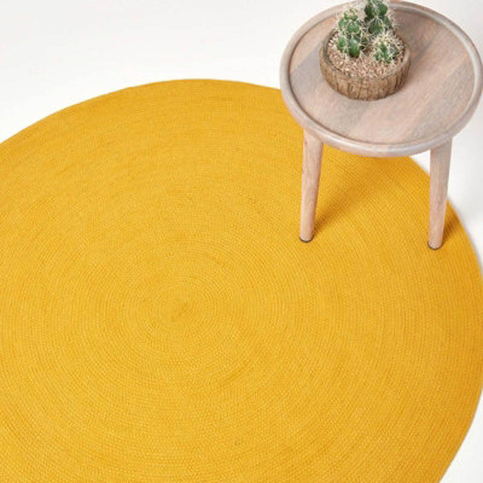 Woven Rug Round Braided Mustard Yellow Handmade Retro Modern Cotton Durable 1.2m - Image 1