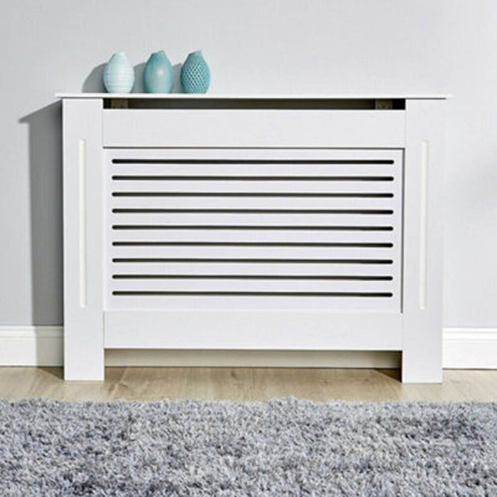 Radiator Cover White Medium Wooden Grill Cabinet Shelf Horizontal Slat Modern - Image 1