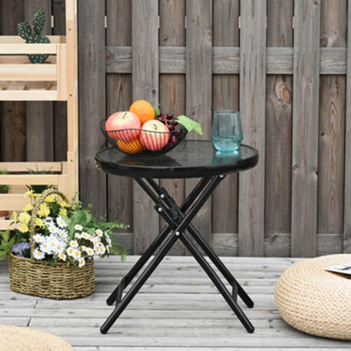 Outdoor Coffee Table Small Round Garden Folding Sturdy Black Metal Glass Top - Image 2