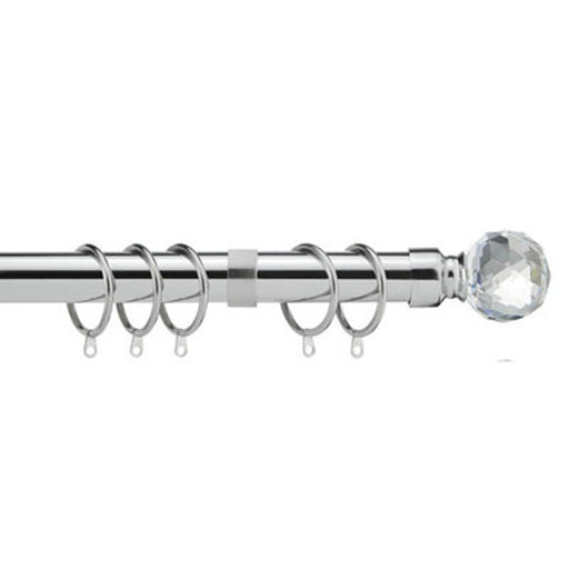 28mm Crystal Metal Curtain Pole Set 120-210cm Chrome Finish with Rings, Finials, Brackets & Fittings - Image 1