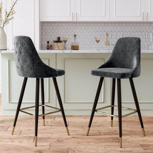 Bar Stool Modern Velvet Padded Breakfast Kitchen Chair Grey Footrest Set Of 2 - Image 1