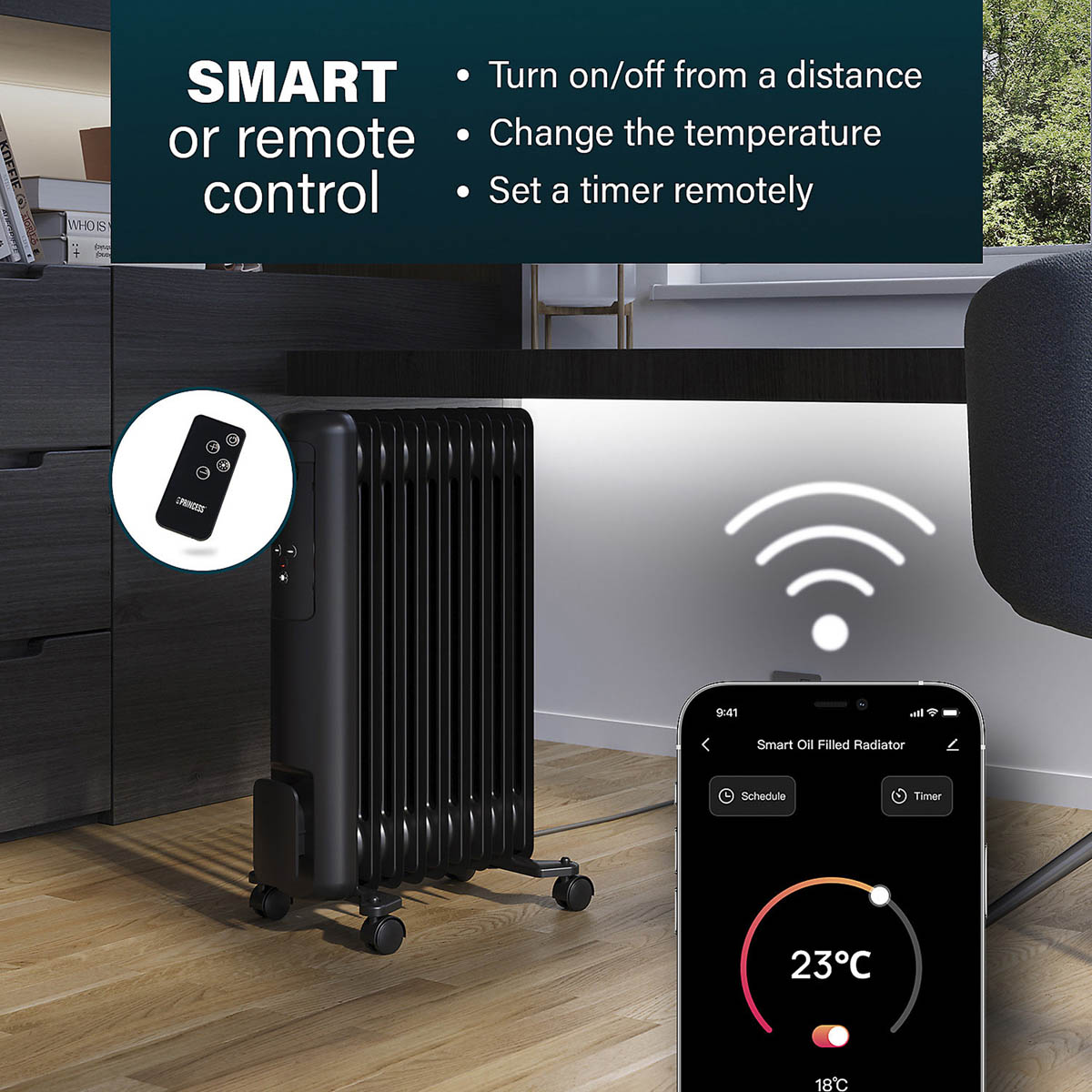 Princess Smart Oil-Filled Radiator Portable Electric Black LED Display Timer 2kW - Image 1