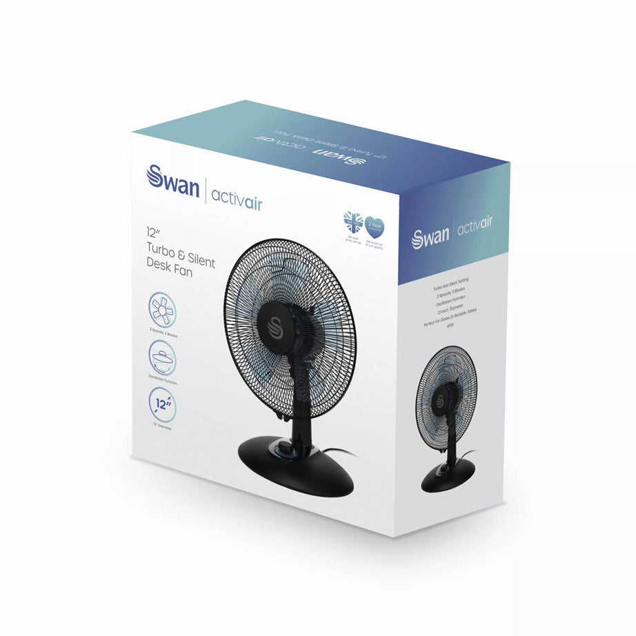 Swan Desk Fan 12″ Electric 2 Speeds Oscillating Quiet Office Home Indoor 60W - Image 7