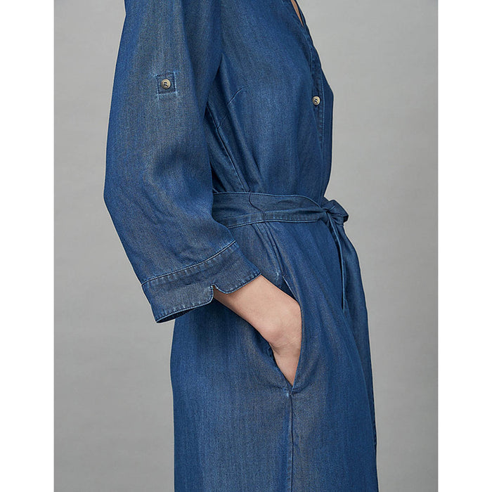 Denim Look Midi Dress V Neck Blue Knee Length Tie Belt Pockets 3/4 Sleeves UK 8 - Image 4