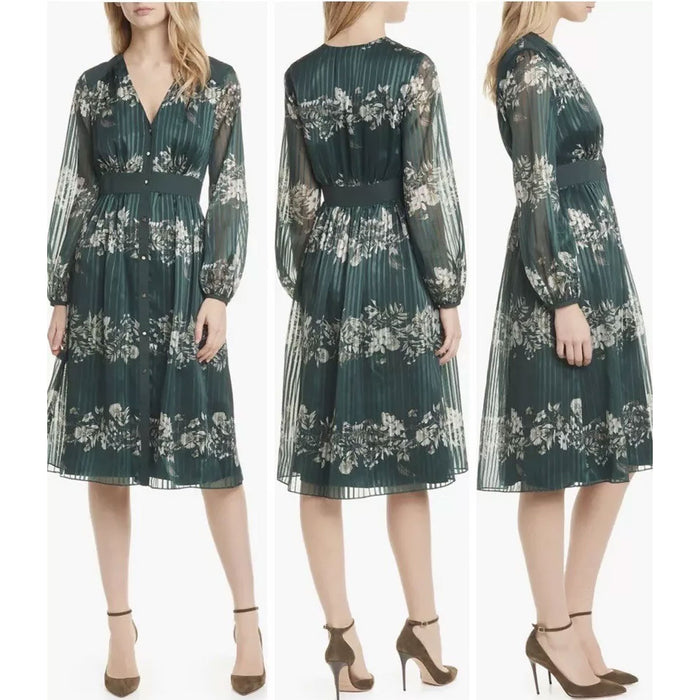 Ted Baker Womens Dress Dark Green Long Sleeve Midi Floral Formal Casual Large - Image 5