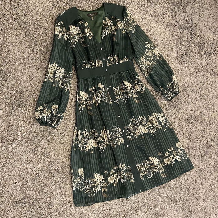 Ted Baker Womens Dress Dark Green Long Sleeve Midi Floral Formal Casual Large - Image 7
