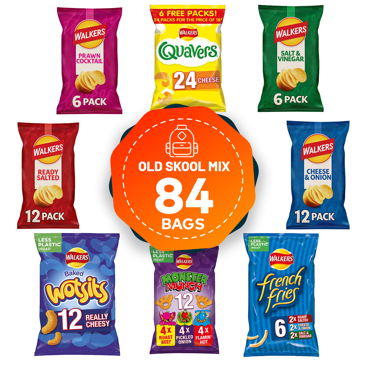 Walkers Crisps Salt Vinegar Quavers Cheese Prawn Cocktail Bundle 84 Bags - Image 1