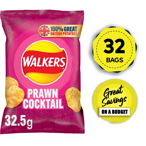 Walkers Crisps Prawn Cocktail Sharing Snack Pack of 32 x 32.5g Bags - Image 1