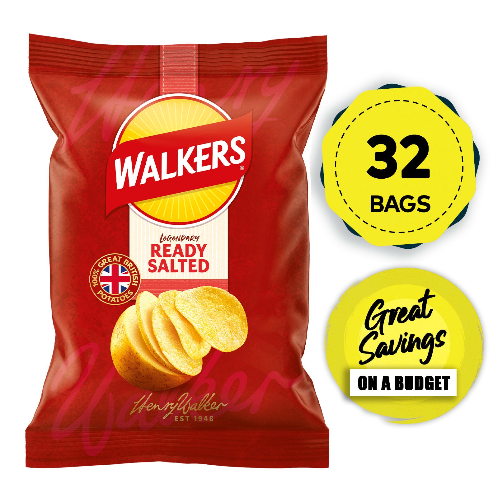 Walkers Crisps Ready Salted Lunch Snack Pack of 32 x 32.5g - Image 1
