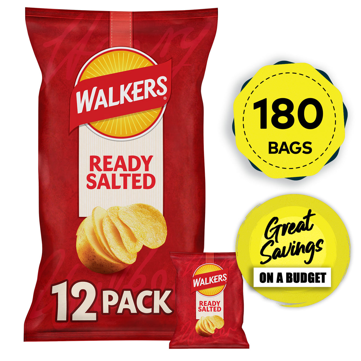 Walkers Crisps Ready Salted Multipack Sharing Snack 180 Bags x 25g - Image 1