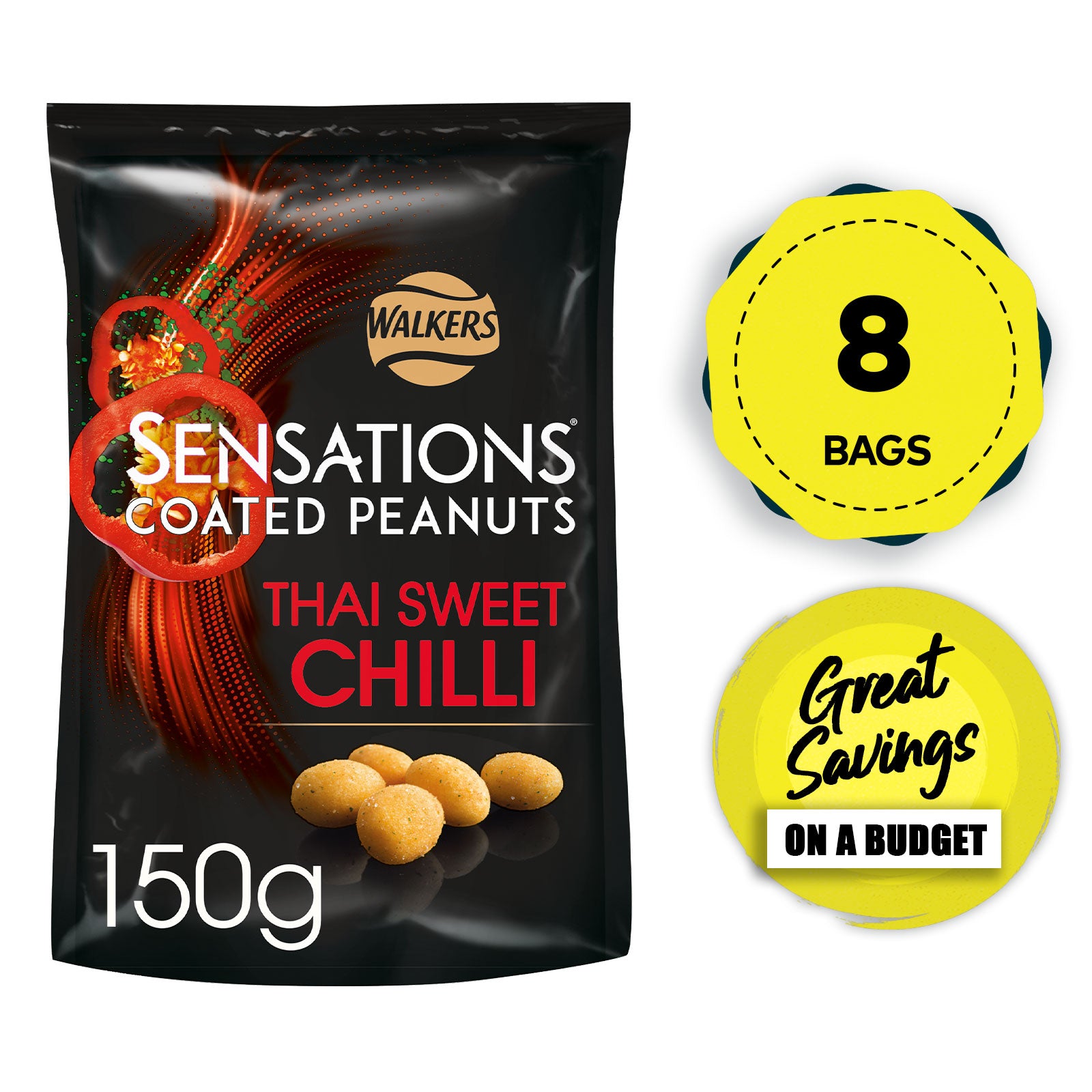Sensations Thai Sweet Chilli Coated Peanuts Snacks 8 Bags x 150g - Image 1