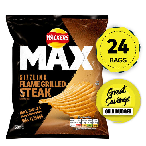 Walkers Max Crisps Sizzling Flame Grilled Steak Flavour 24 x 50g - Image 1