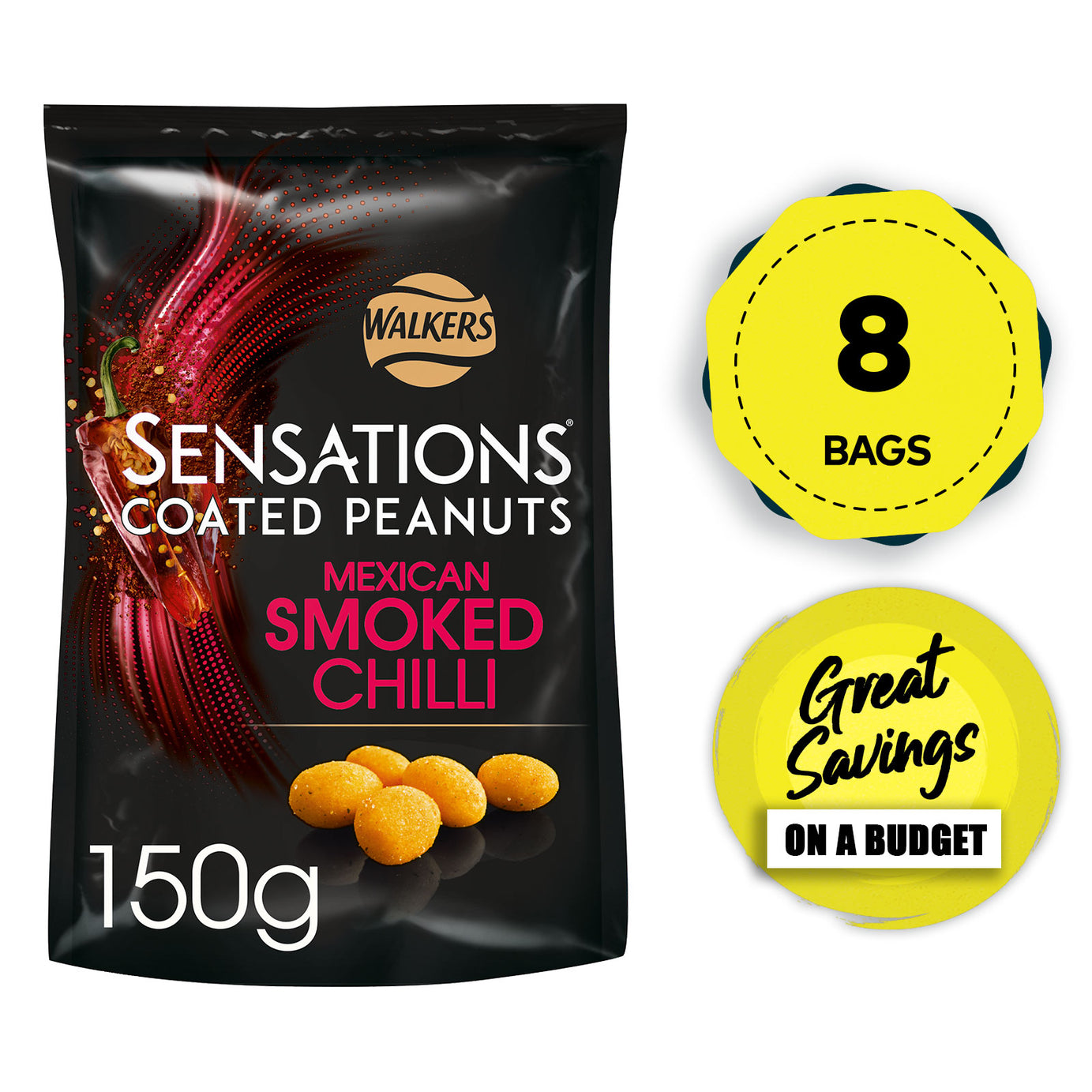 8 x Sensations Smoked Chilli Coated Peanuts Snack 150g - Image 1
