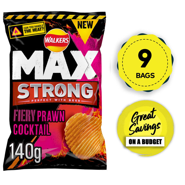 Walkers Max Crisps Strong Fiery Prawn Cocktail Sharing 9 Bags x140g - Image 1