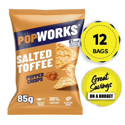 PopWorks Crisps Salted Toffee Sharing Popped Snacks 12 Bags x 85g - Image 1