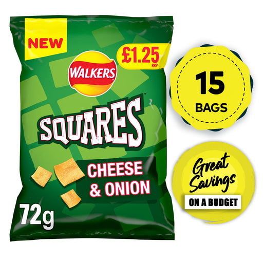 Walkers Crisps Squares Cheese and Onion Snacks 15 Pack of 72g - Image 1