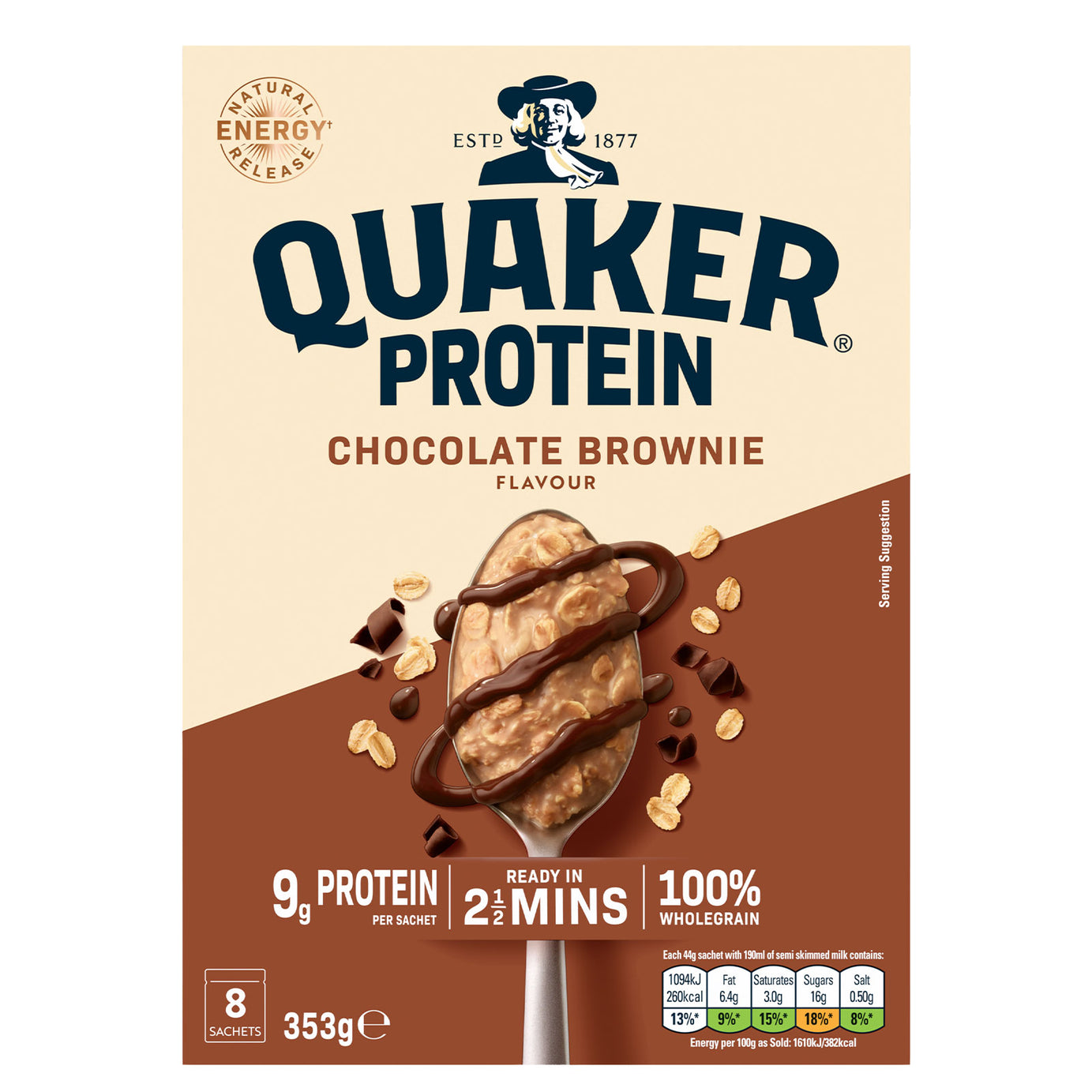 Quaker Oats High Protein Chocolate Brownie Porridge Sachets 48 x 44g - Image 2