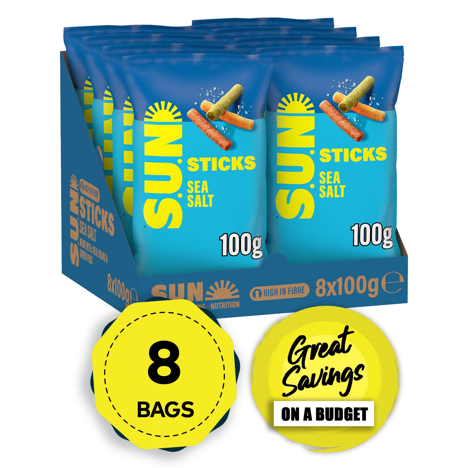 SUN Sticks Snacks Sea Salt Sharing Bag Crisps 8 x 100g - Image 1