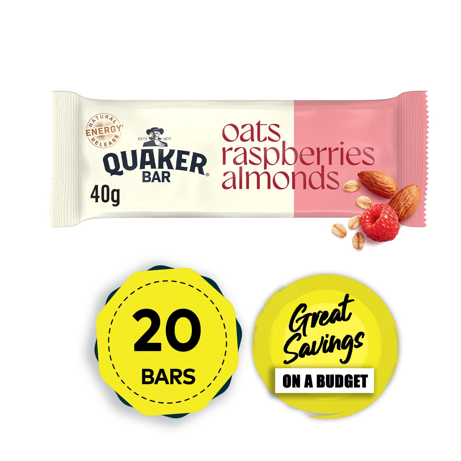 Quaker Breakfast Bar Oat Cereal Bar with Raspberry & Almonds 20 x 40g - Image 3