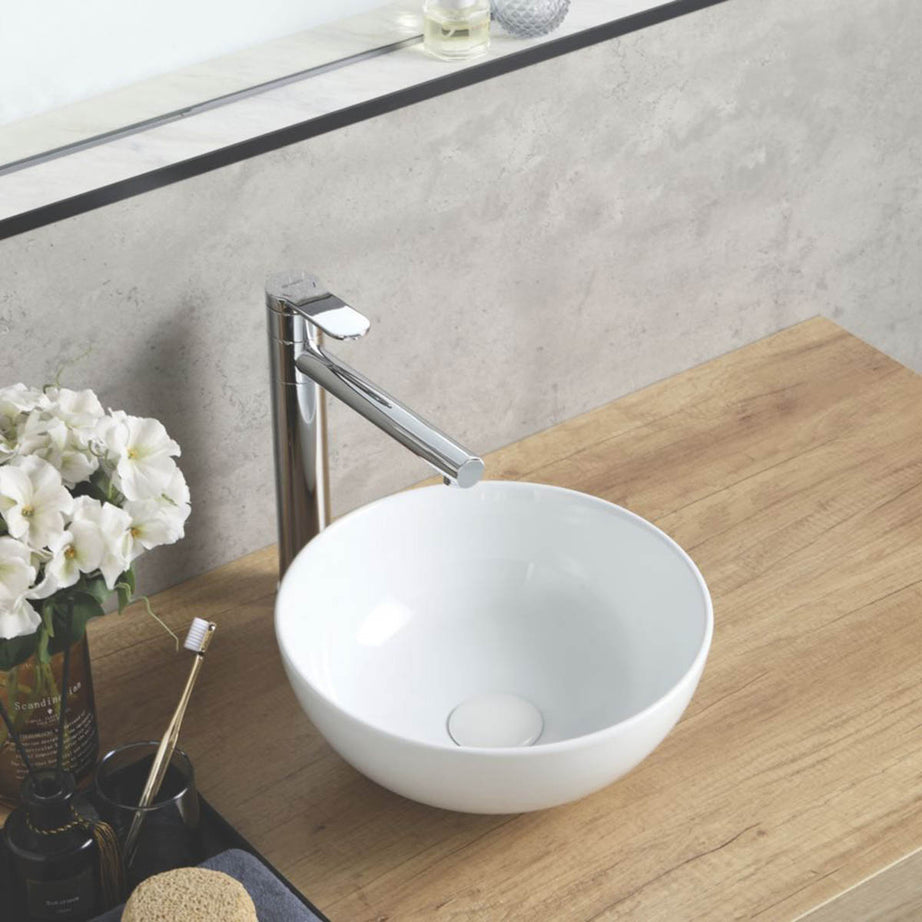 Swirl Countertop Basin Sink Round Ceramic White No Tap Holes Compact 328mm - Image 1