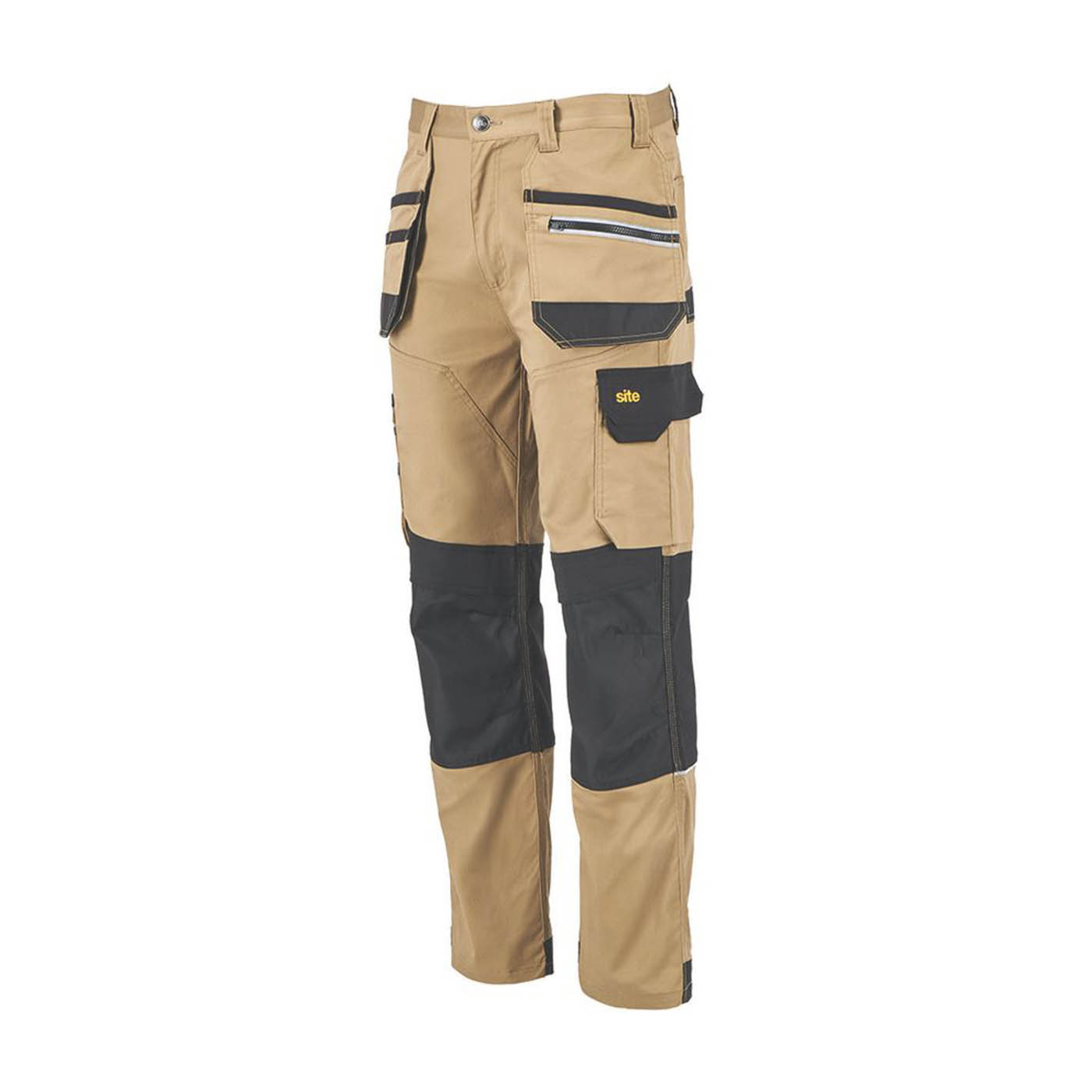 Site Men Work Trousers 9 Pockets Tan Black Stretch Durable 30" W 32" L - Image 1