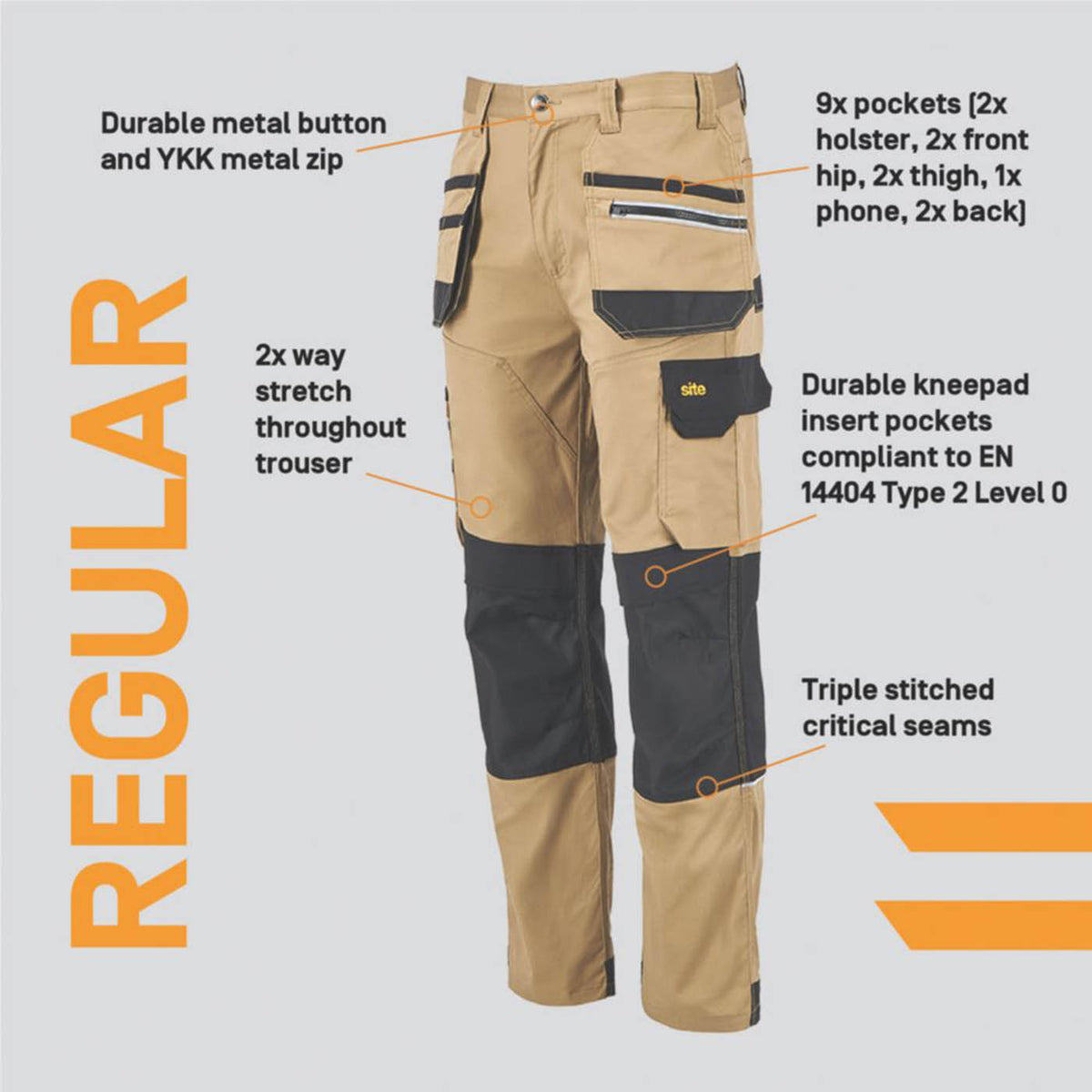 Site Men Work Trousers 9 Pockets Tan Black Stretch Durable 30" W 32" L - Image 3