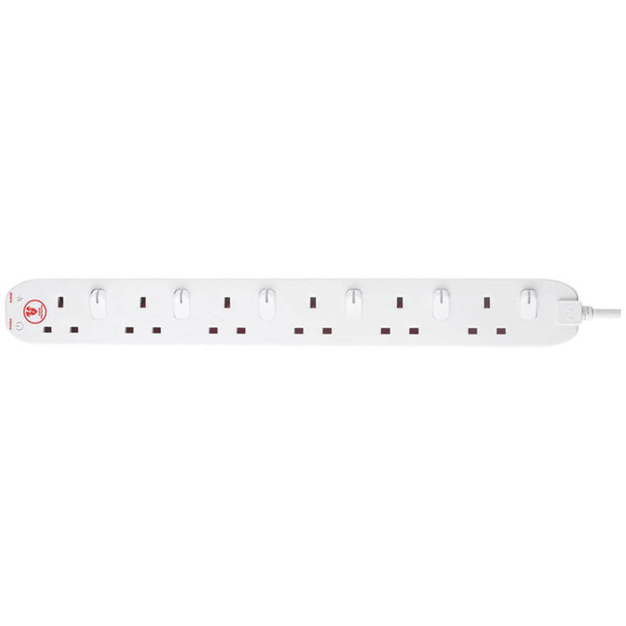 Extension Lead White 13A 6-Gang Switched 2m Power Surge LED Indicators - Image 2