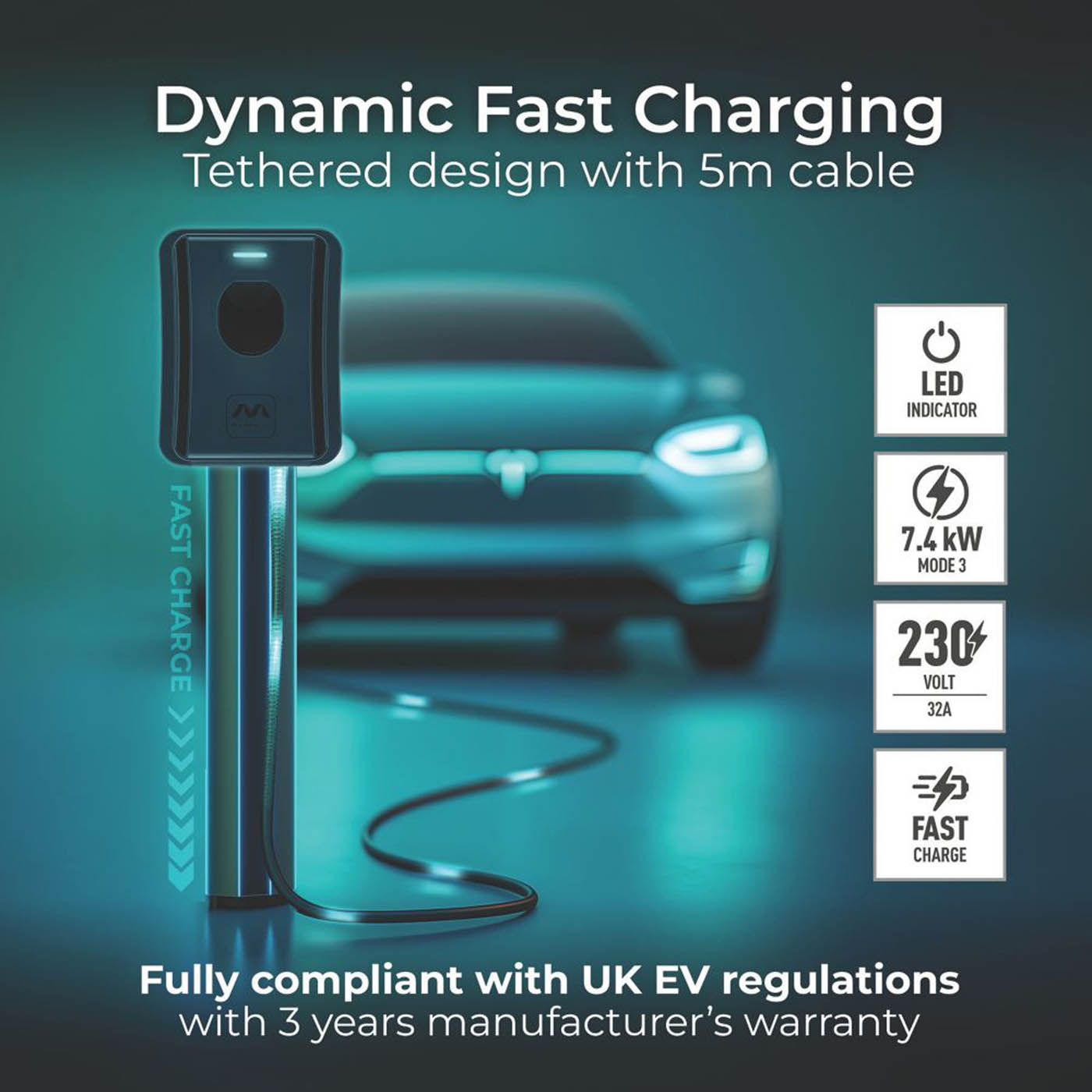 Masterplug  1 Port 7.4kW  Mode 3 Type 2 Plug Tethered Smart EV Charger with 5m Cable Black - Image 4