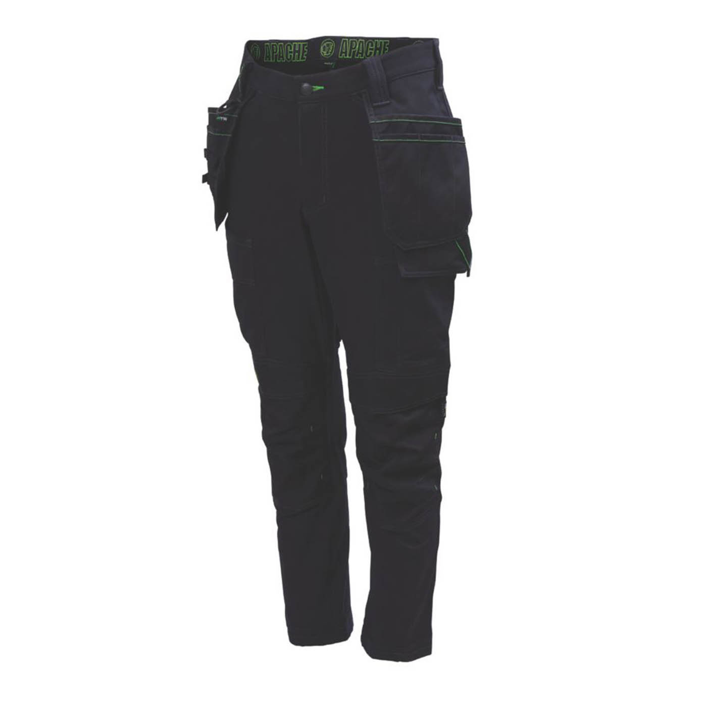 Apache Work Trousers Mens Slim Fit Black Stretch Multi Pockets Cargo 40W 29L - Image 1