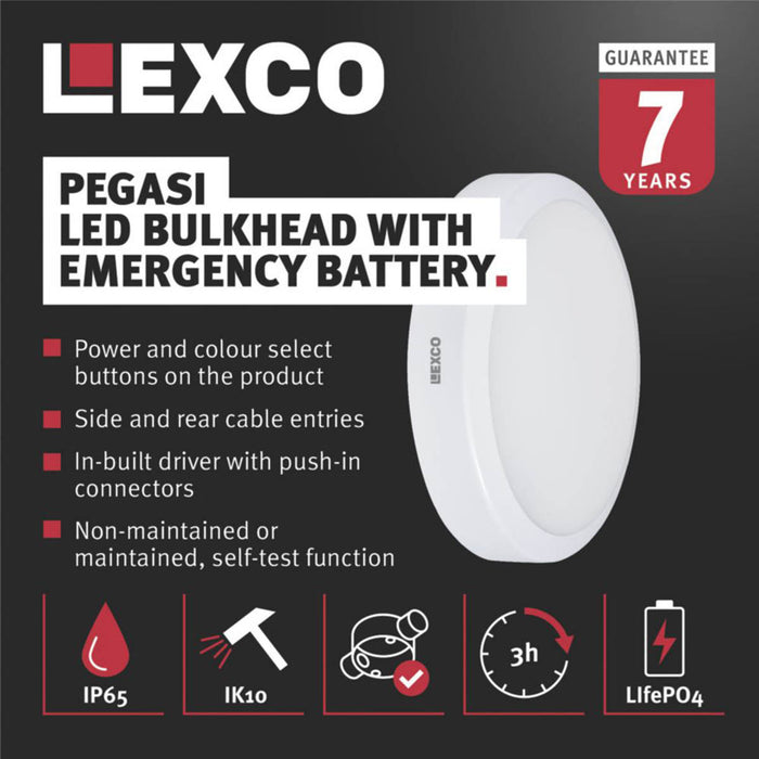 Lexco Pegasi Indoor Maintained or Non-Maintained Emergency Round LED Bulkhead White 19W 1200-1900lm - Image 2