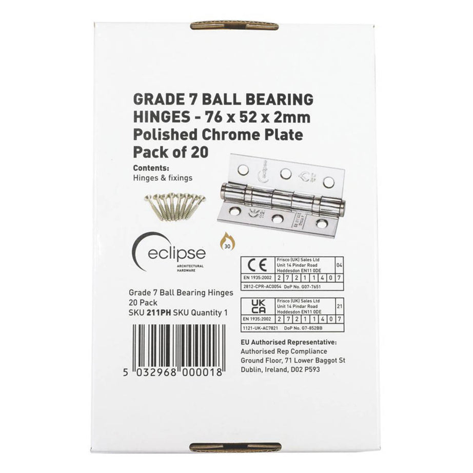 Eclipse Fire Door Hinges Ball Bearing Grade 7 Polished Chrome 76 x 51mm 20 Pack - Image 2