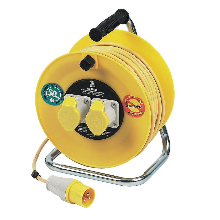 Masterplug Extension Lead  Cable Reel 2 Way Socket Indoor Outdoor 16A 50m 110V - Image 1
