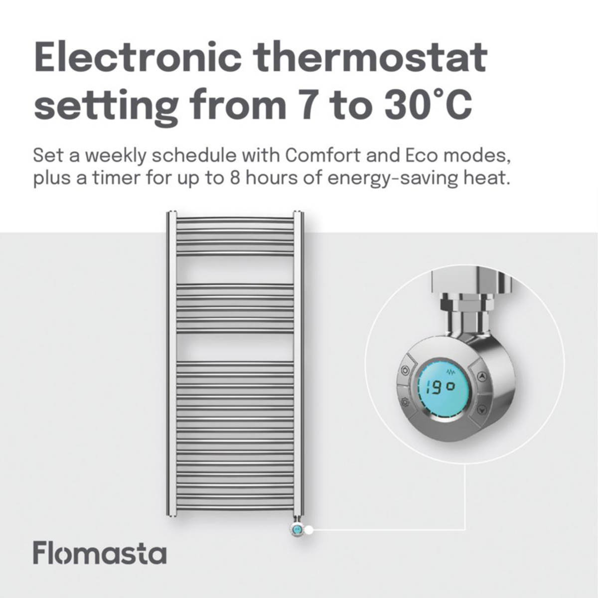 Flomasta Electric Towel Radiator Curved Gloss Chrome 1100mm x 500mm 853BTU - Image 5