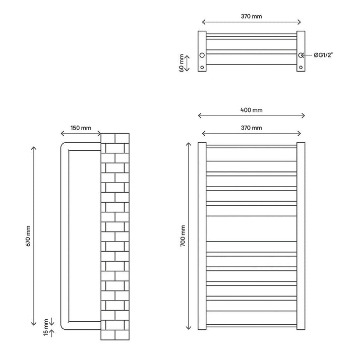 GoodHome Towel Warmer Water 700 X 400mm Vertical Wall-Mounted White 1174BTU - Image 4