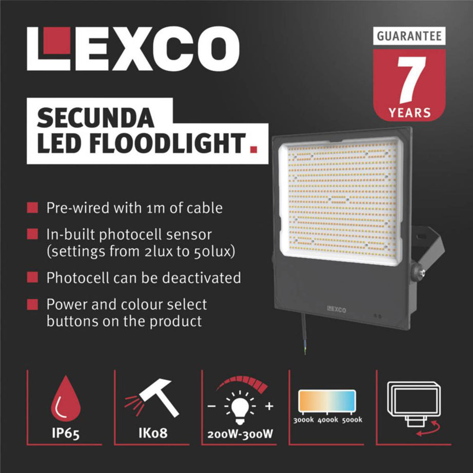LED Floodlight With Photocell Black IP65 Outdoor Security Garden Light  300W - Image 2