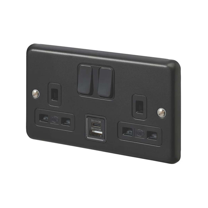 Wall Switched Socket With USB 13A 2-Gang 2-Outlet Matt Black Durable Modern - Image 2