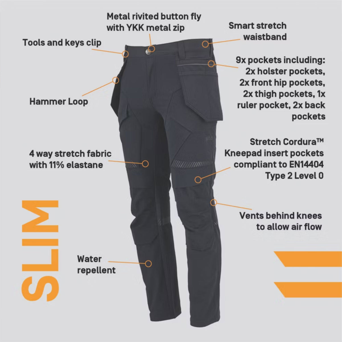 Site Work Trousers Mens Slim Fit Black Stretch Breathable Multi Pockets 36W 34L - Image 3