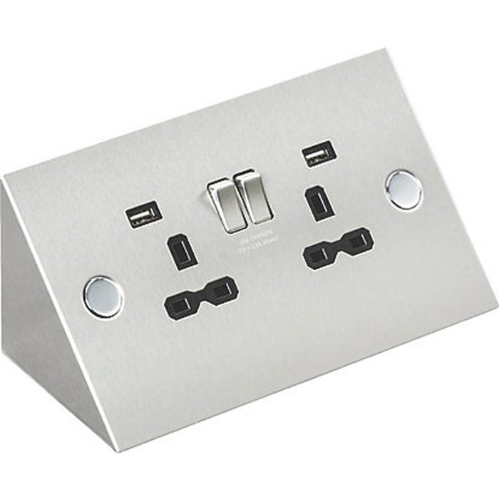 Under Cabinet Switched Socket With USB A Charger 2 Gang Stainless Steel - Image 1