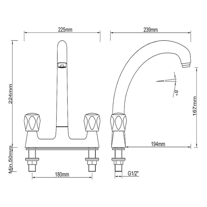 Kitchen Sink Mixer Tap Swivel Spout Dual Lever Chrome Brass Modern Round Head - Image 4
