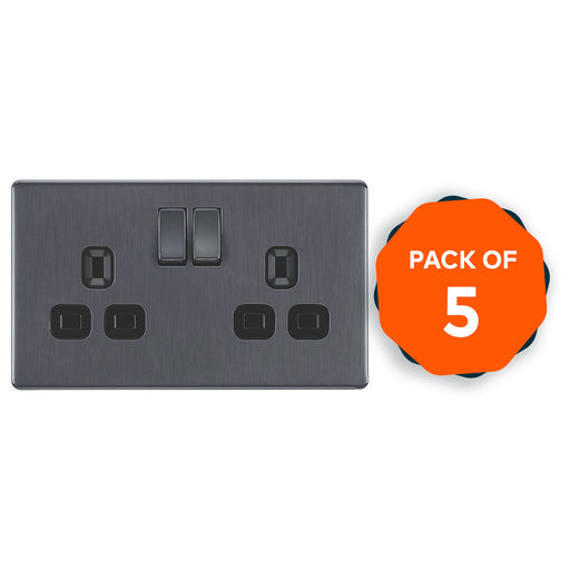 LAP Power Socket 2 Gang Double Pole Grey Screwless Faceplate 13A 240V Pack Of 5 - Image 1