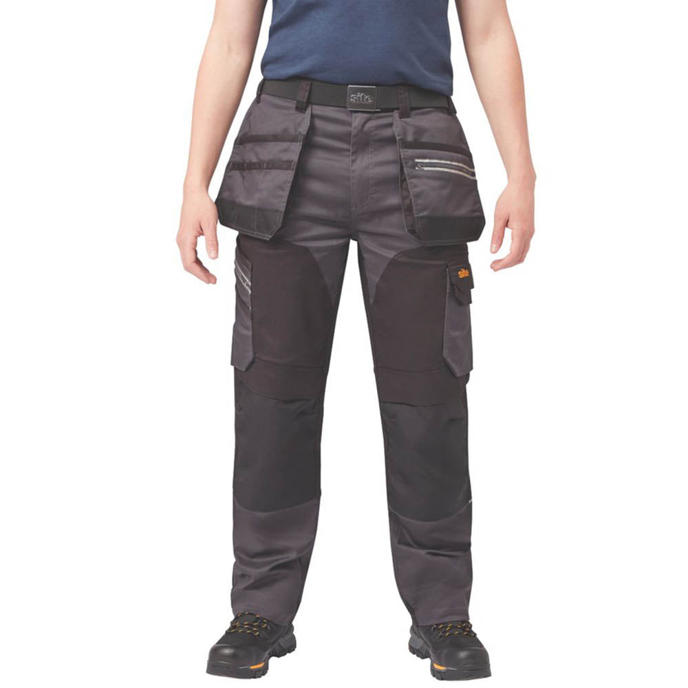 Site Work Trousers Mens Regular Fit Grey Black Stretch Multi Pockets 30"W 30"L - Image 4