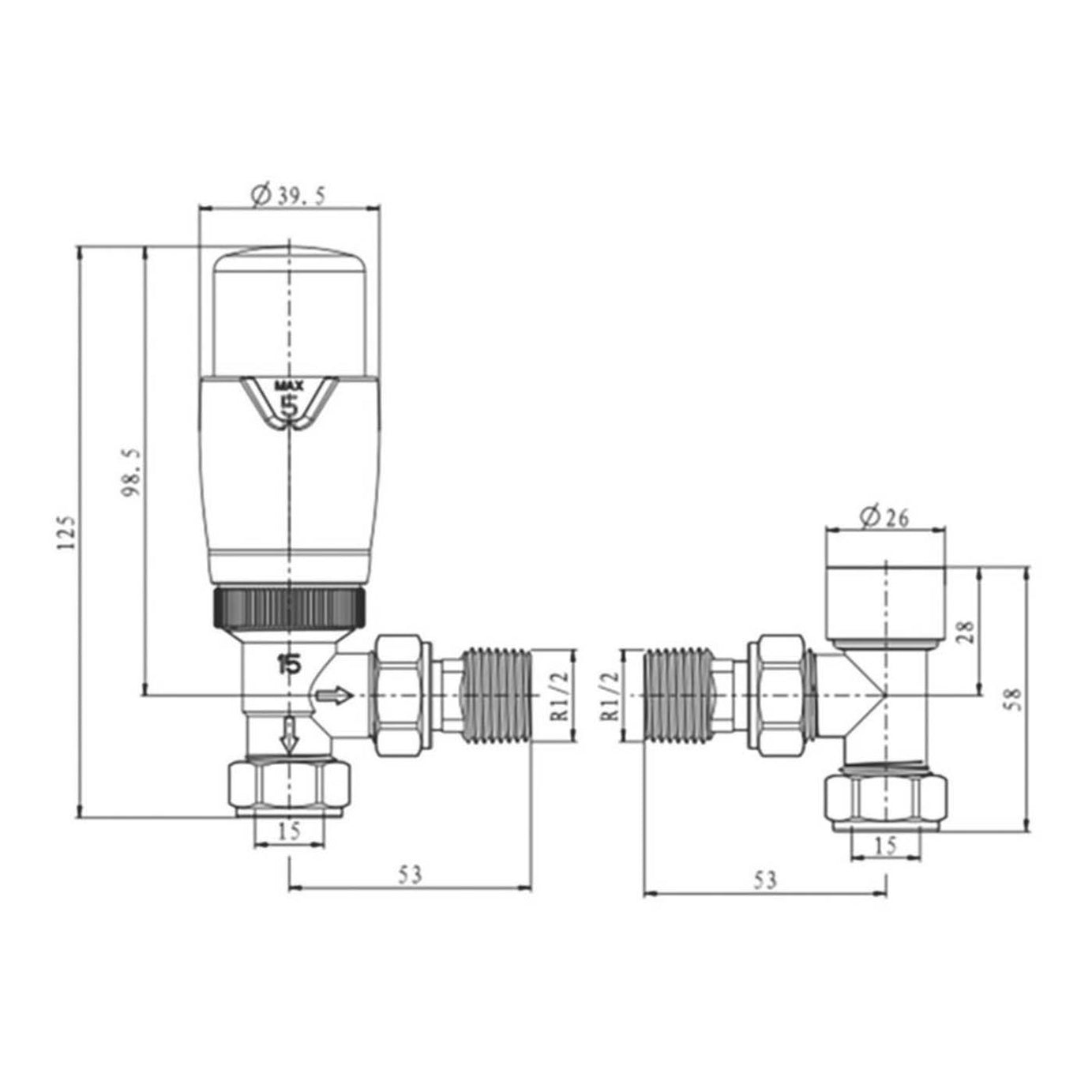 Reina Thermostatic Radiator Valve & Lockshield Modal TRV 15x15mm Angled & L/S - Image 3