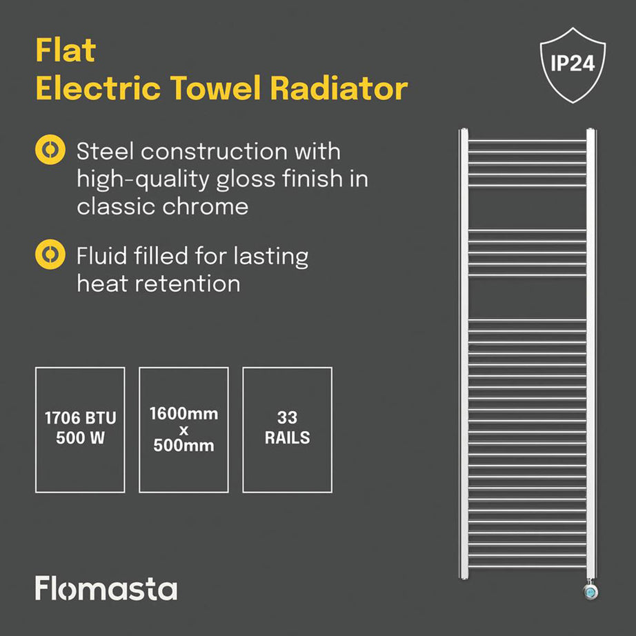 Flomasta Electric Towel Radiator Chrome Flat 1600mm x 500mm 1706BTU - Image 4