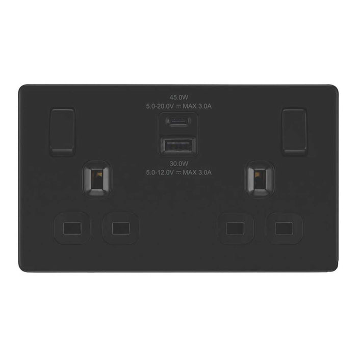 Switched Socket Matt Black 2 Outlet Type A C USB Charger 13A 2 Gang SP 3A 45W - Image 1