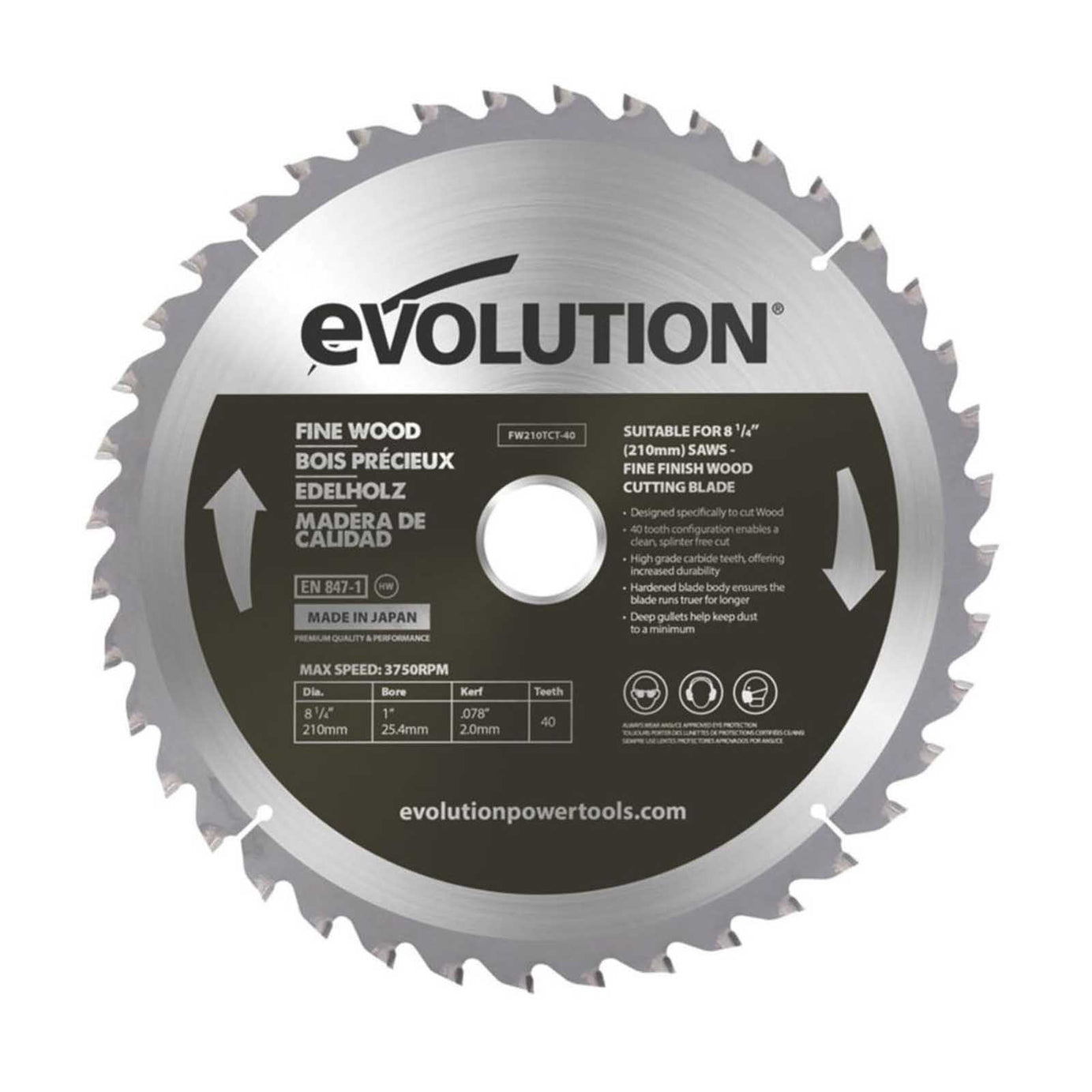 Evolution Circular Saw Blade 210x25.4mm FW210TCT-40 Fine Cut 40T For Wood - Image 1
