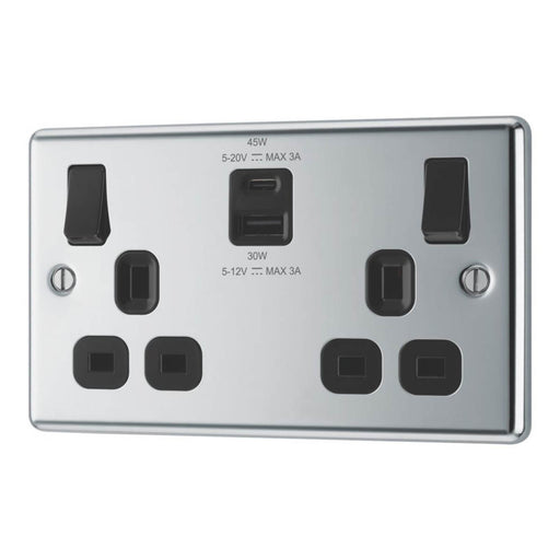 LAP  13A 2-Gang SP Switched Socket + 3A 45W 2-Outlet Type A & C USB Charger Polished Chrome with Black Inserts - Image 1