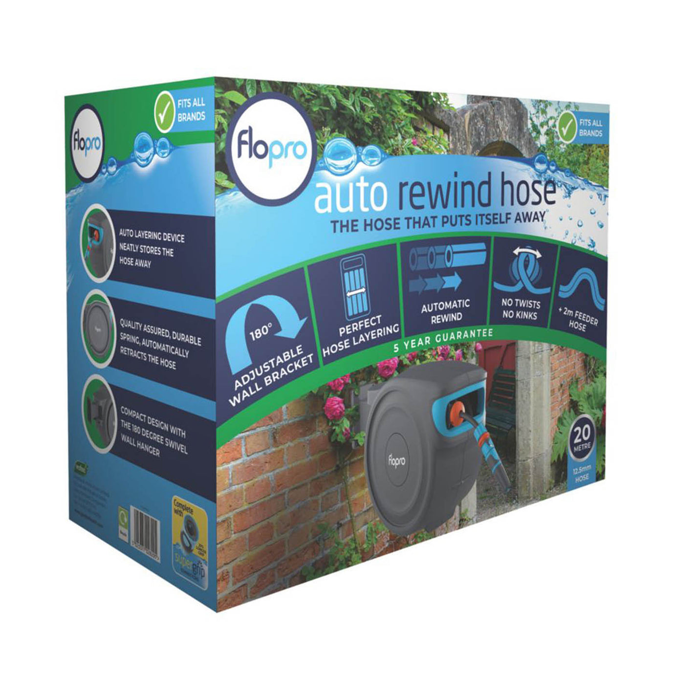 Flopro Hose Reel 20m Auto Rewind Wall Mounted 180° Swivel Retractable Garden - Image 5